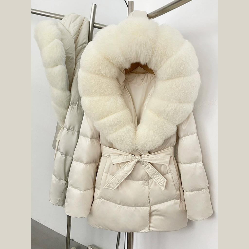 Winter Fox Big Fur Collar High-end Thickened Down Jacket Women's Mid-length Waist Imitation Leather Jacket