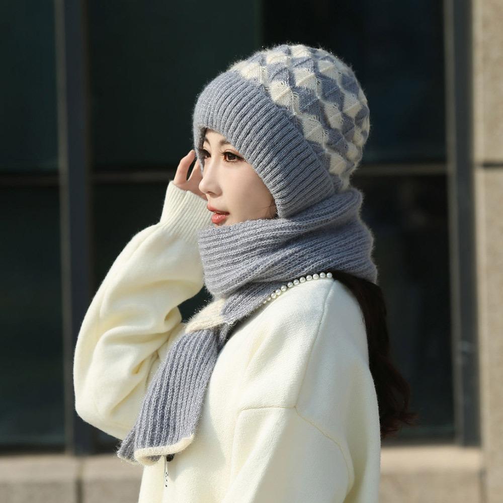 Thickened Knitted Hat Scarf Windproof Ear Protection Cap Casual Beanie Hat for Women