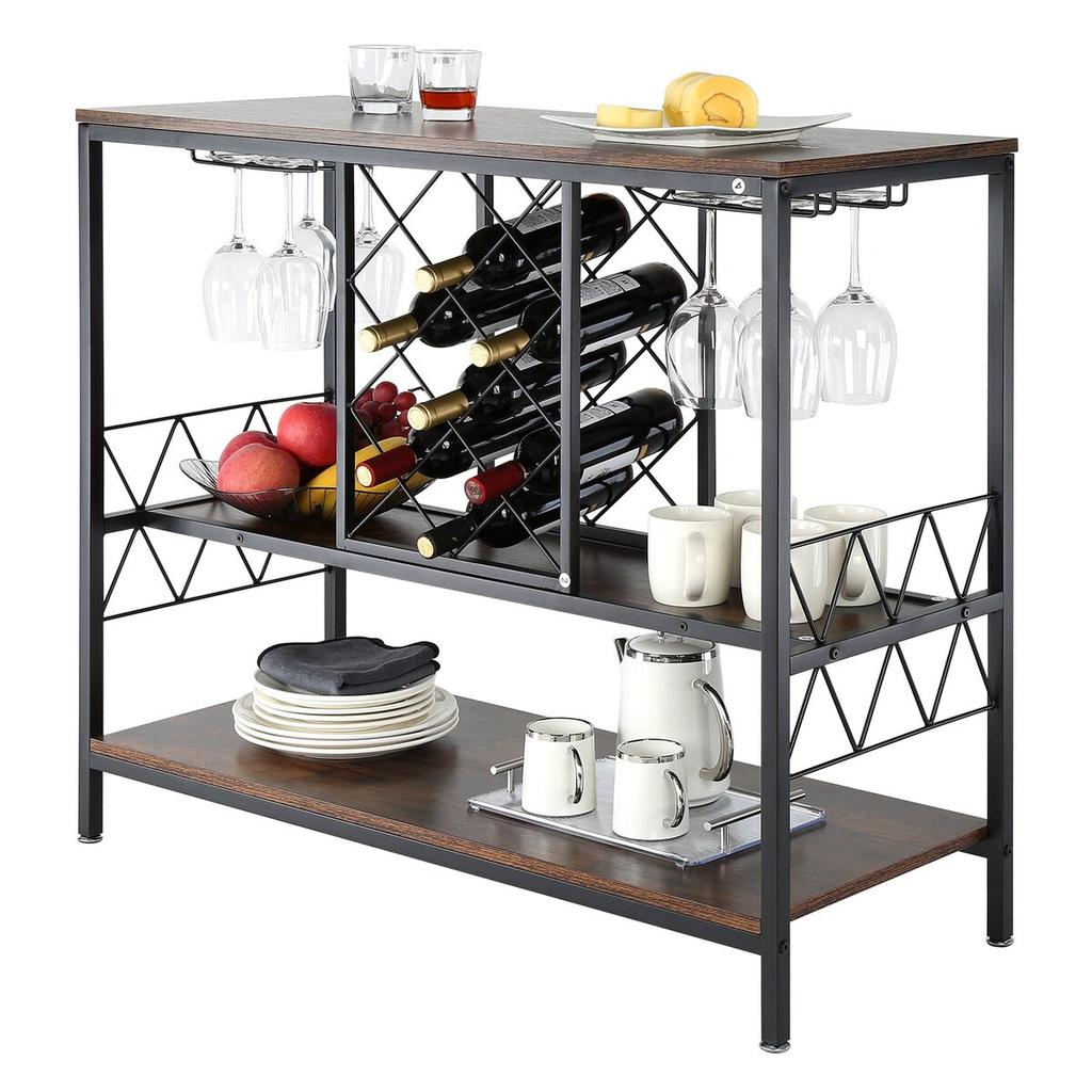 Armario Bar Industrial de 40 Pulgadas, Mesa de Vinos para Licores y Copas, Aparador Buffet con Soporte para Copas y Botellero, Madera Rústica Independiente