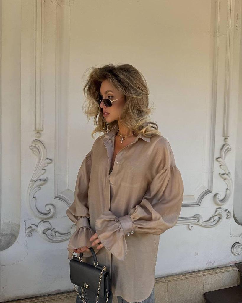 2025 European & American Women's Loose Lantern Sleeve Long Shirt