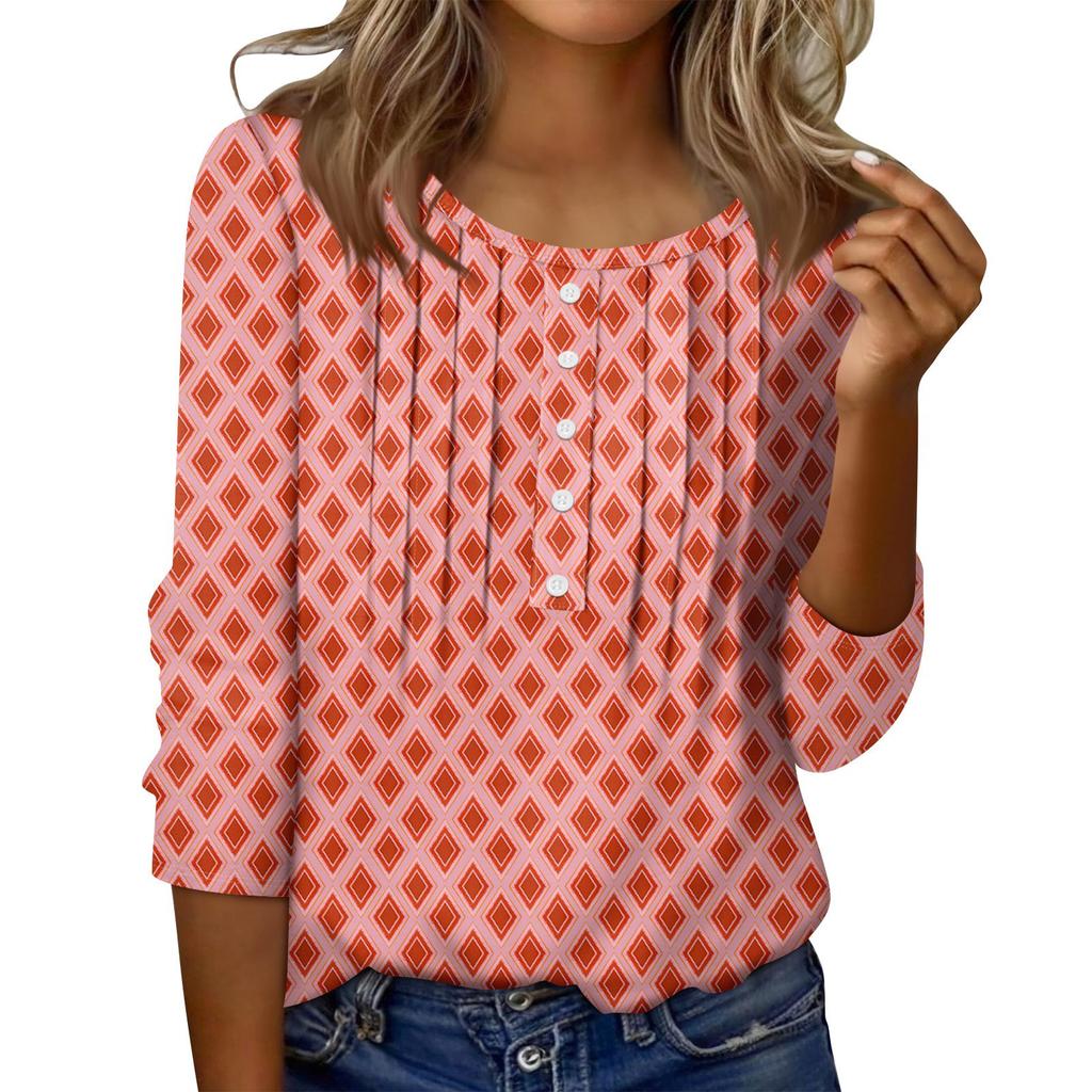 Women's Round Neck Pull Stripe Decorative Button Top Casual Solid Color 3/4 Sleeve T Shirt