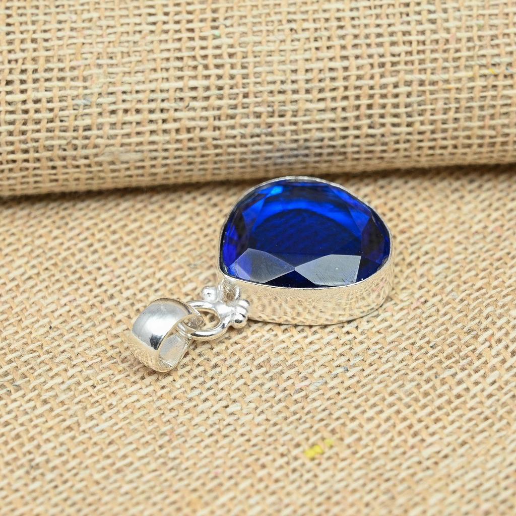 Solid 925 Sterling Silver Blue Sapphire Lab-Created Handmade Gemstone Jewelry Pendant