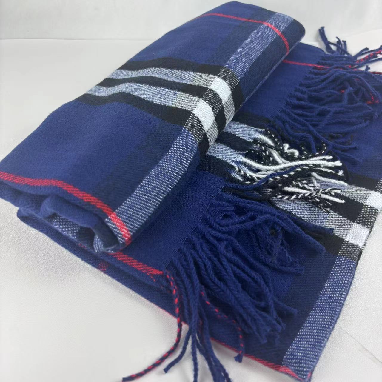 Écharpe Plaid Cachemire Chauffe-Cou Chaud Mode Style Japonais Coréen Frangée Automne Hiver Écharpe Châle One Size bleu marine