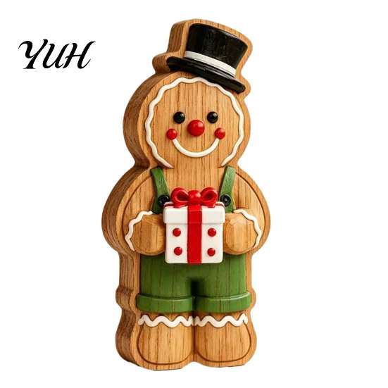 Gingerbread Character Figures Cartoon Wooden Ornament, Double-sided Printed Desktop Tabletop Figurines, Festive Window Display Decorative Craft