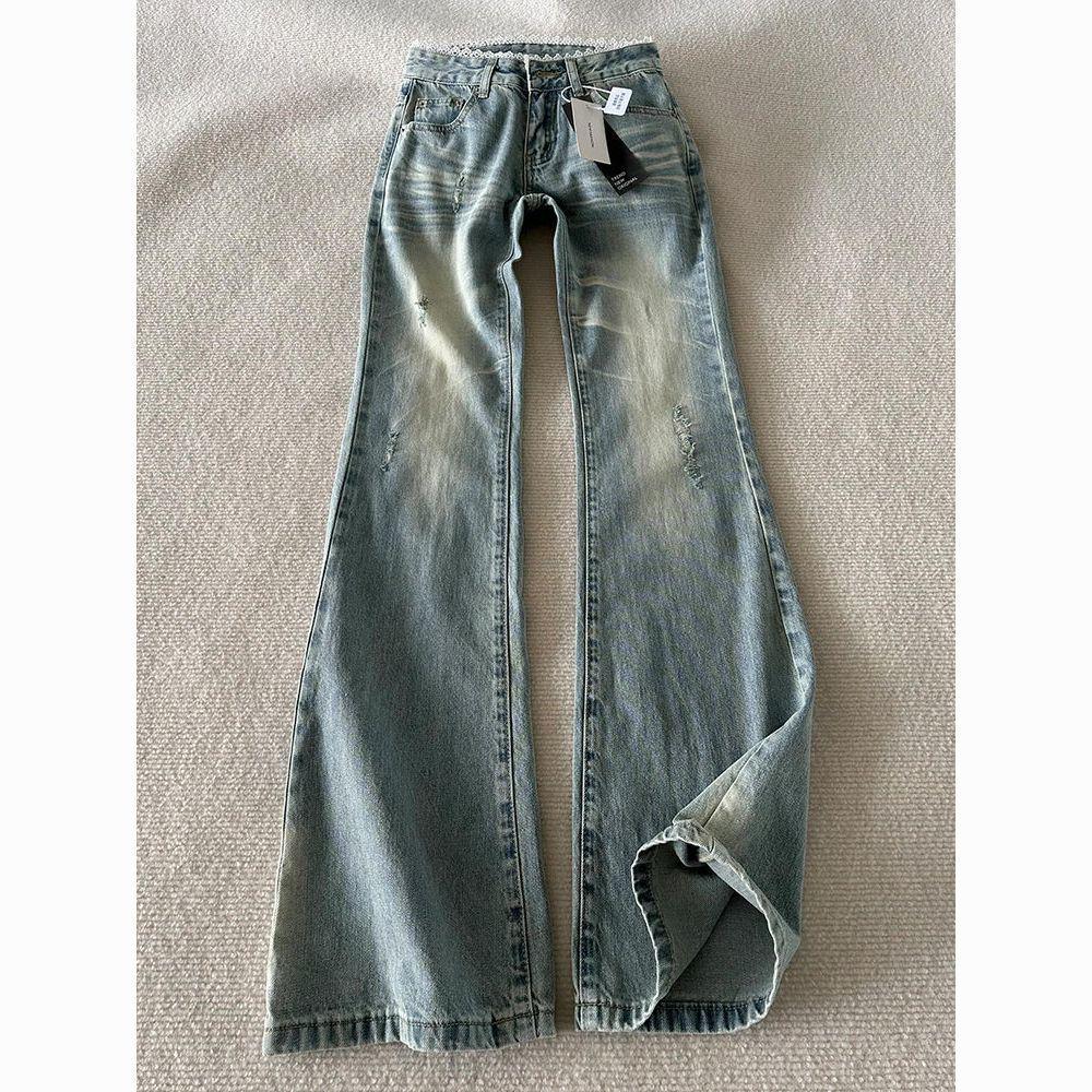 Women s Retro Lace Patchwork Bell Bottom Jeans - Ripped, Light Colored, Slimming Design for Spring/Autumn. XL