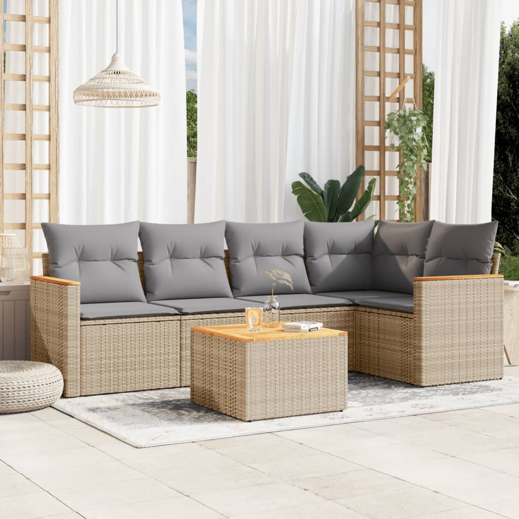 Vidaxl 6-Cz. Garden Furniture Set With Cushions, Beige, Poly Rattan