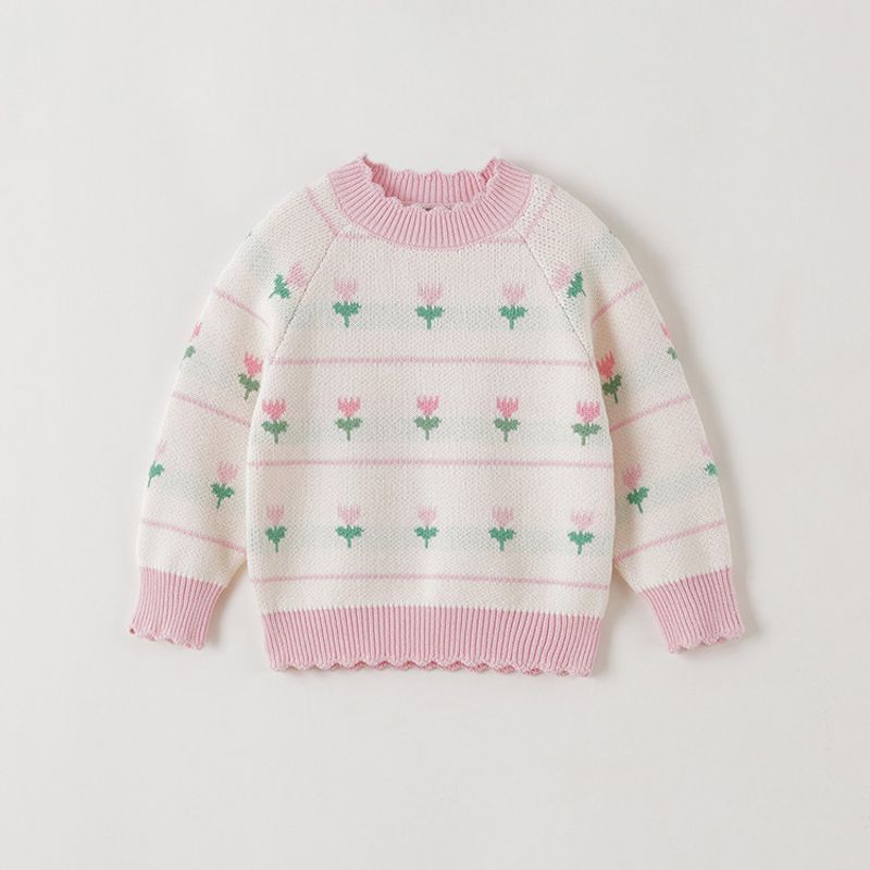 Mark Jenny Girls  Tulip Jacquard Sweater Baby Pure Cotton Knitwear 2025 Winter New Style 551892 Off-White 110 cm