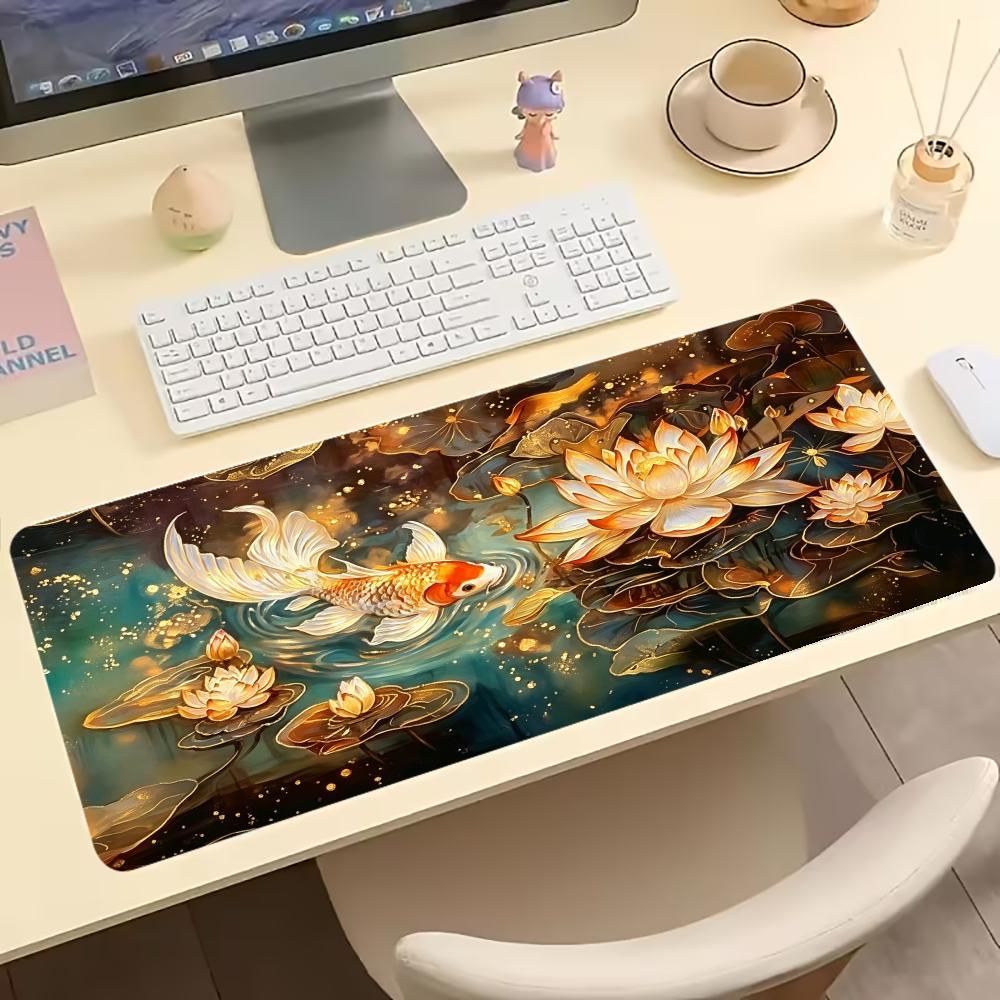 Oriental Koi Lotus Large Extended Gaming Mouse Pad Non Slip Desk Surface Water Lily Art Print For Gaming And Office Desks