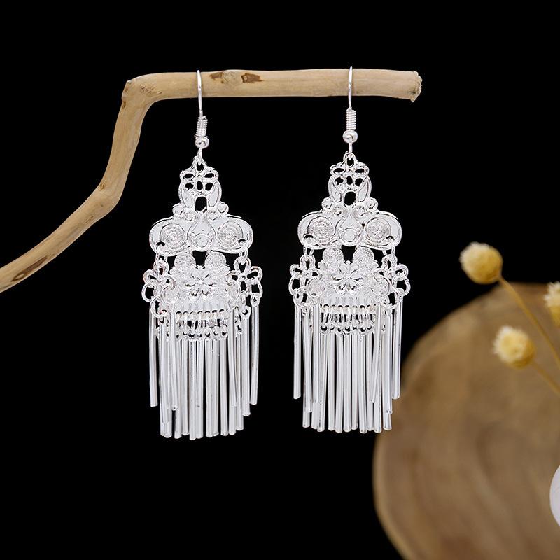 Ethnic Style Imitation Miao Silver Earrings, Colorful Long Fringed Chain Earrings, Hot-selling Earrings In Scenic Spots, Qinghe Jewelry Batches