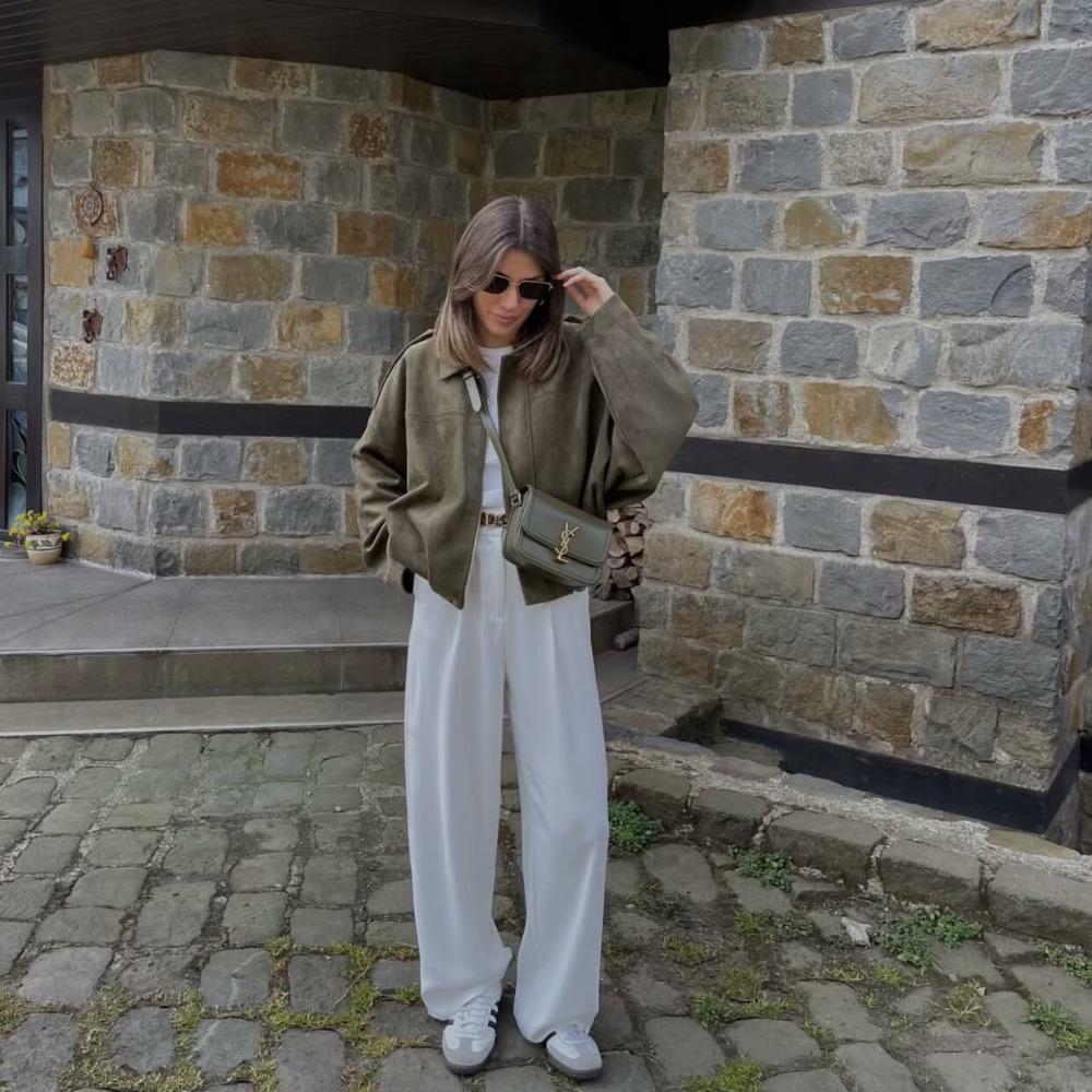 VAYLA Jaqueta Feminina de Camurça Casaco Bomber Casual Solto Lapela Zíper Mangas Compridas Jaquetas Vintage Senhora Motocicleta Agasalhos