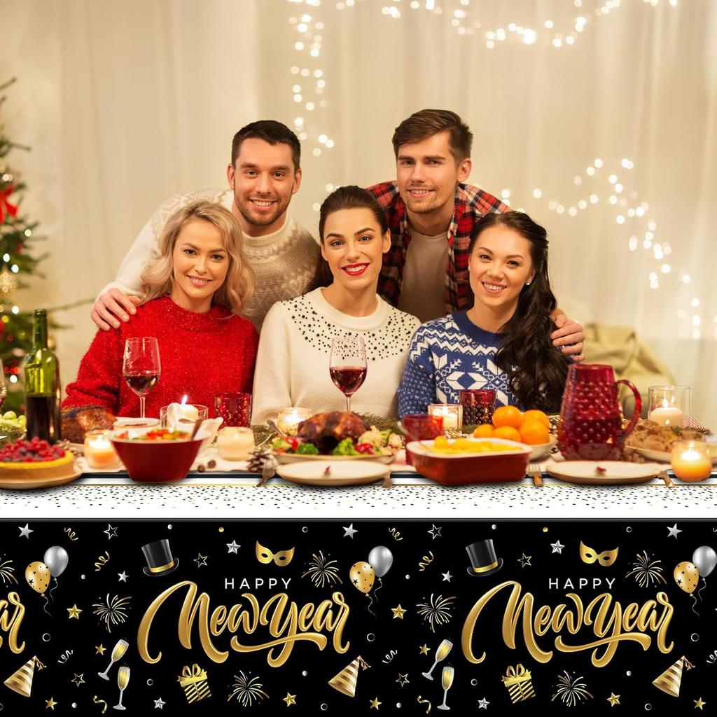 Hallswl 1 Pieces Happy New Year Tablecloths Black Gold Plastic Disposable Table Cloth Rectangle New Year Table Cover for 2026 New Years Eve Party