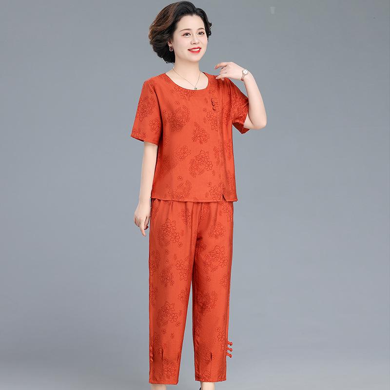 2023 Women's Summer Two-Piece Cotton Linen Set: Short Sleeve Cardigan & Loose Wrinkle-Resistant Plus Size Casual Outfit for Moms.