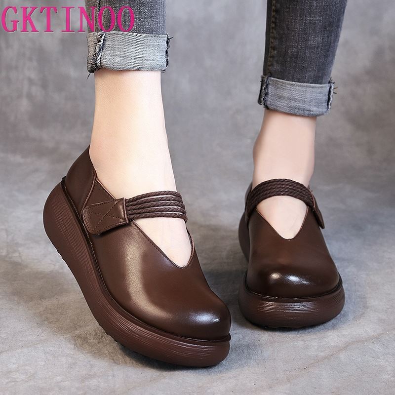 Fashion GKTINOO Genuine Leather Flat Platform Shoes For Women Retro Thick Heel Wedges Handmade Casual Shoes Leisure Ladies Platform Shoe