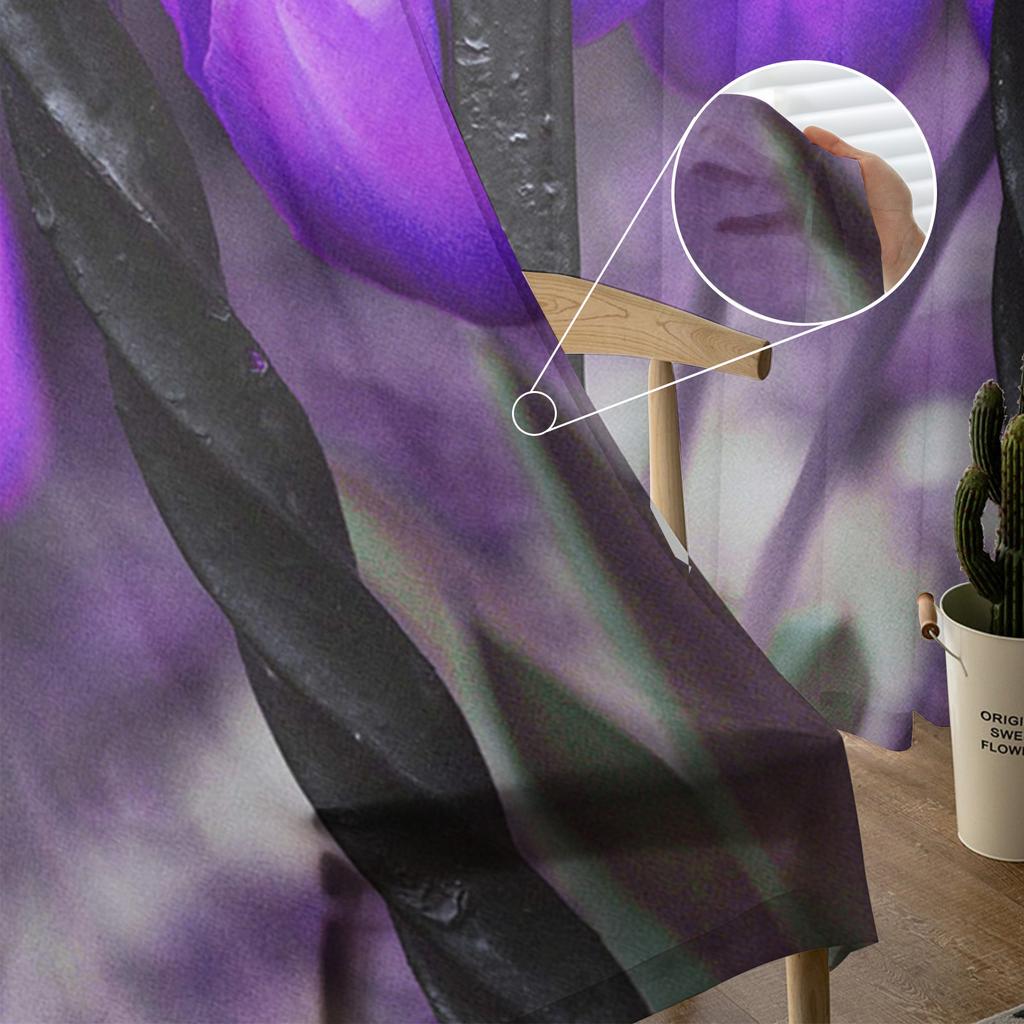 Lila Tulpenblumen in Eisengeländer Tüll Transparente Fenstervorhänge für Wohnzimmer Küche Kinderzimmer Voile Hängevorhang