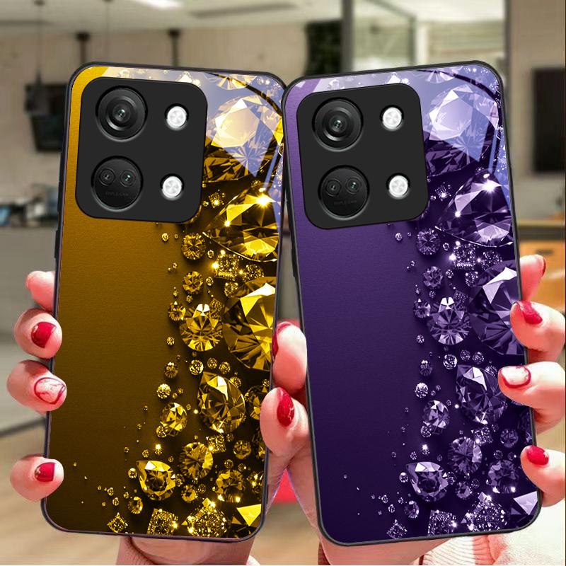 Full Diamonds For OnePlus Nord 3 5 6T 7 Pro 8 12 10T Reno8 Lite 5G 10R Nord N30 Hard Shell Tempered Glass Phone Case Black