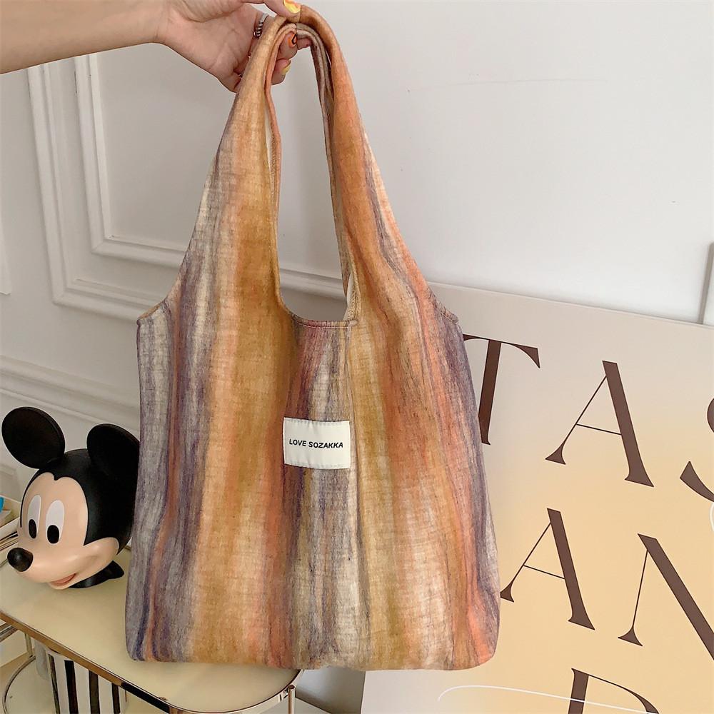 Stylish Woolen Striped Shoulder Tote Bag Trendy Canvas Bag For Students And Shopping