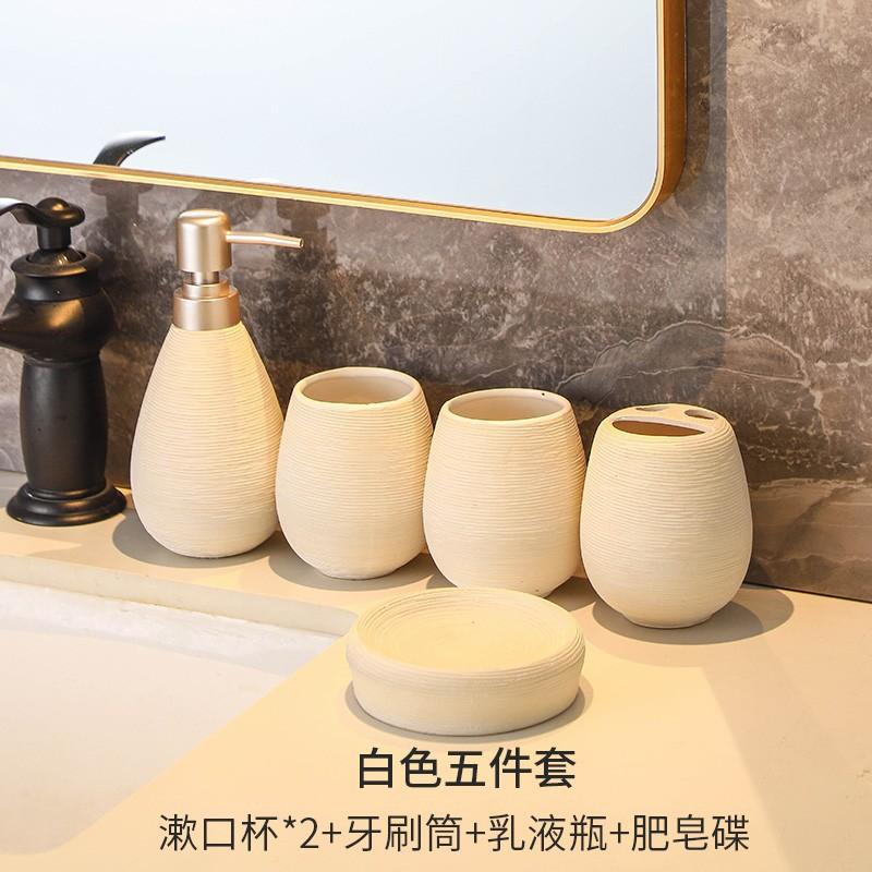 Vintage handmade ceramic toothbrush holder soap dispenser lotion bottle mouthwash cup ceramic five piece bathroom set
