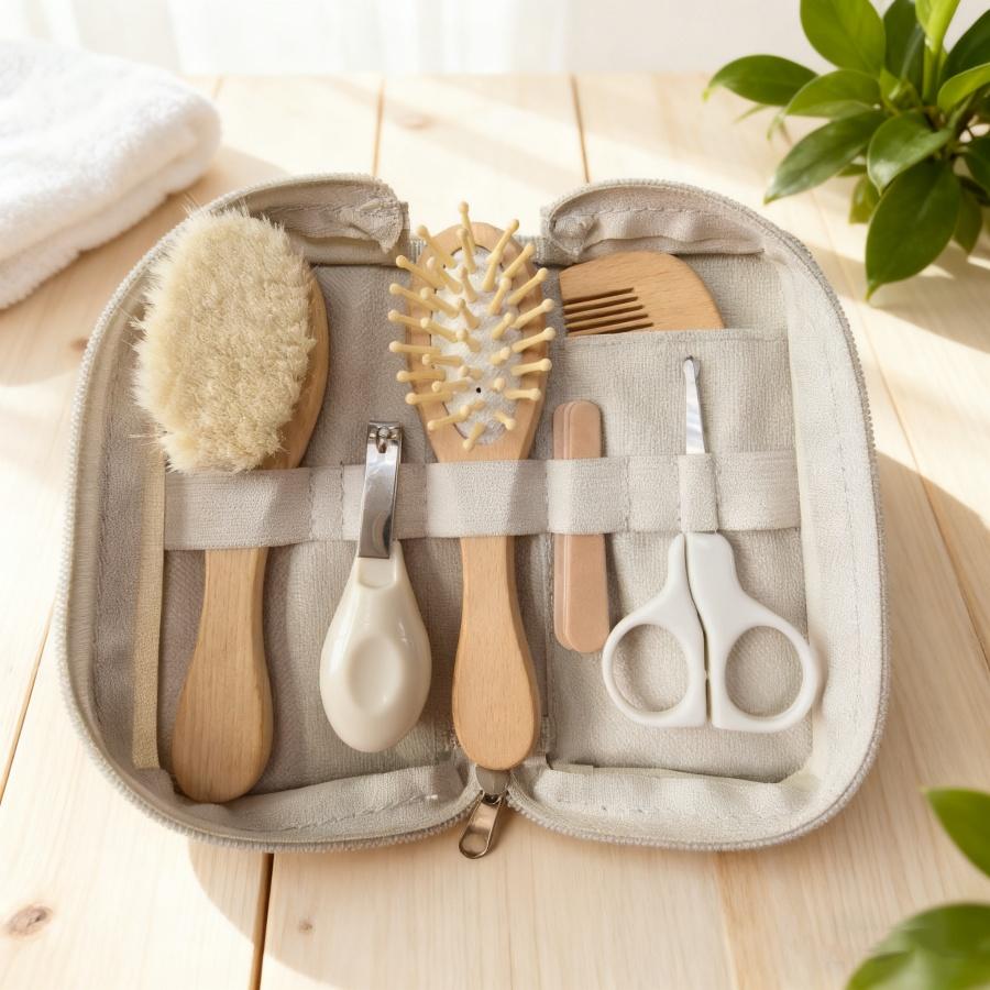 6-teiliges Baby-Tagespflege-Set, Baby-Holz-Haarbürsten-Set, Haarbürsten-Pflegeset, Nagelknipser, kleine Schere, Luftpolsterkamm