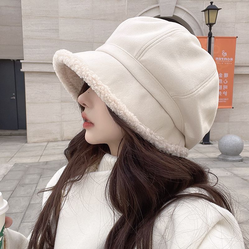 Autumn and Winter Fisherman's Hat with Fleece for Cold Protection Ear Protection Basin Hat Casual Lamb Wool Octagonal Beret