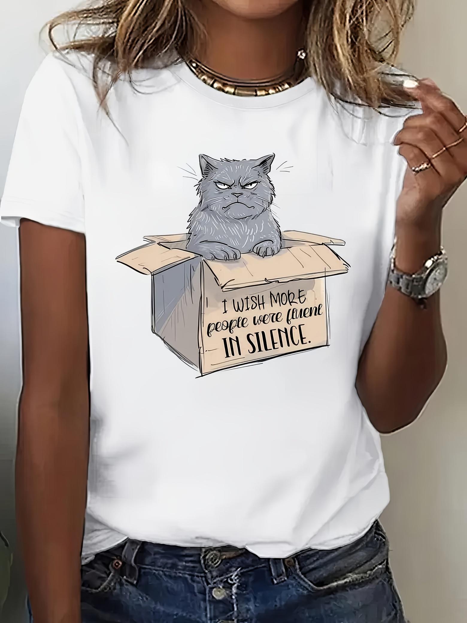 

Womens Graphic Print Sleeve Crew Neck with Cat Illustration I Wish More People Were Silence Text for Summer Spring Everyday 4XL