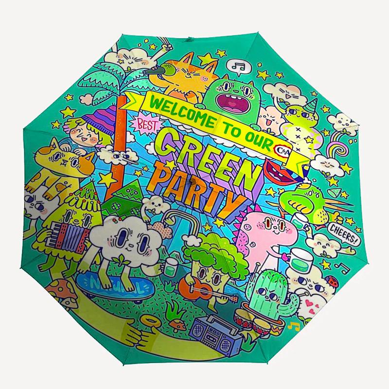 1pc Outdoor Umbrella with "Welcome to Our Green Party" Print - Automatic Opening/Closing Umbrella with Portable Tri-Fold Design, 8-Rib Iron Frame