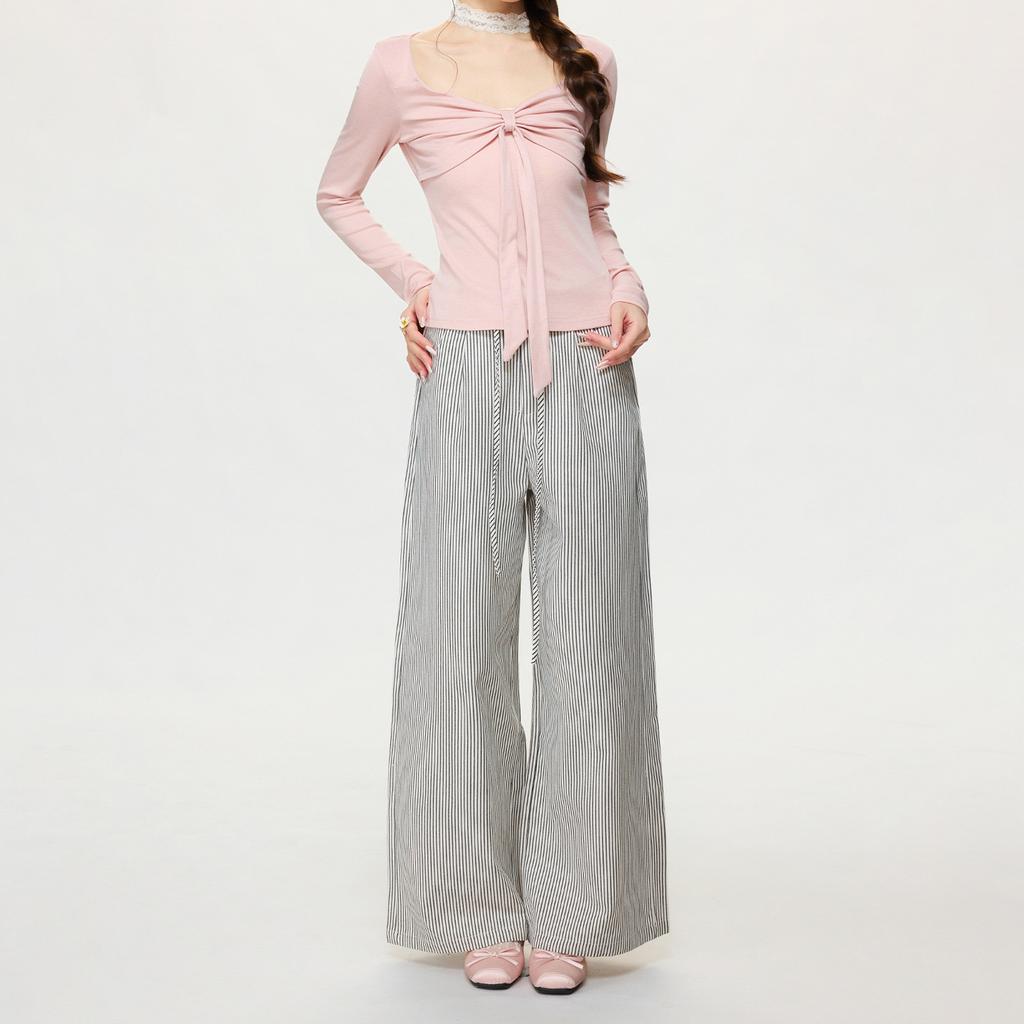 Pure Desire Pink Bow Design Sense V-neck Long-sleeved Knitted Sweater Women's Spring New Waist and Thin Temperament Top