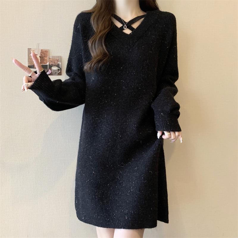 

2026 Spring Women s Red V-neck Lantern Sleeve Knit Dress Small size up to 120 lbs чорний