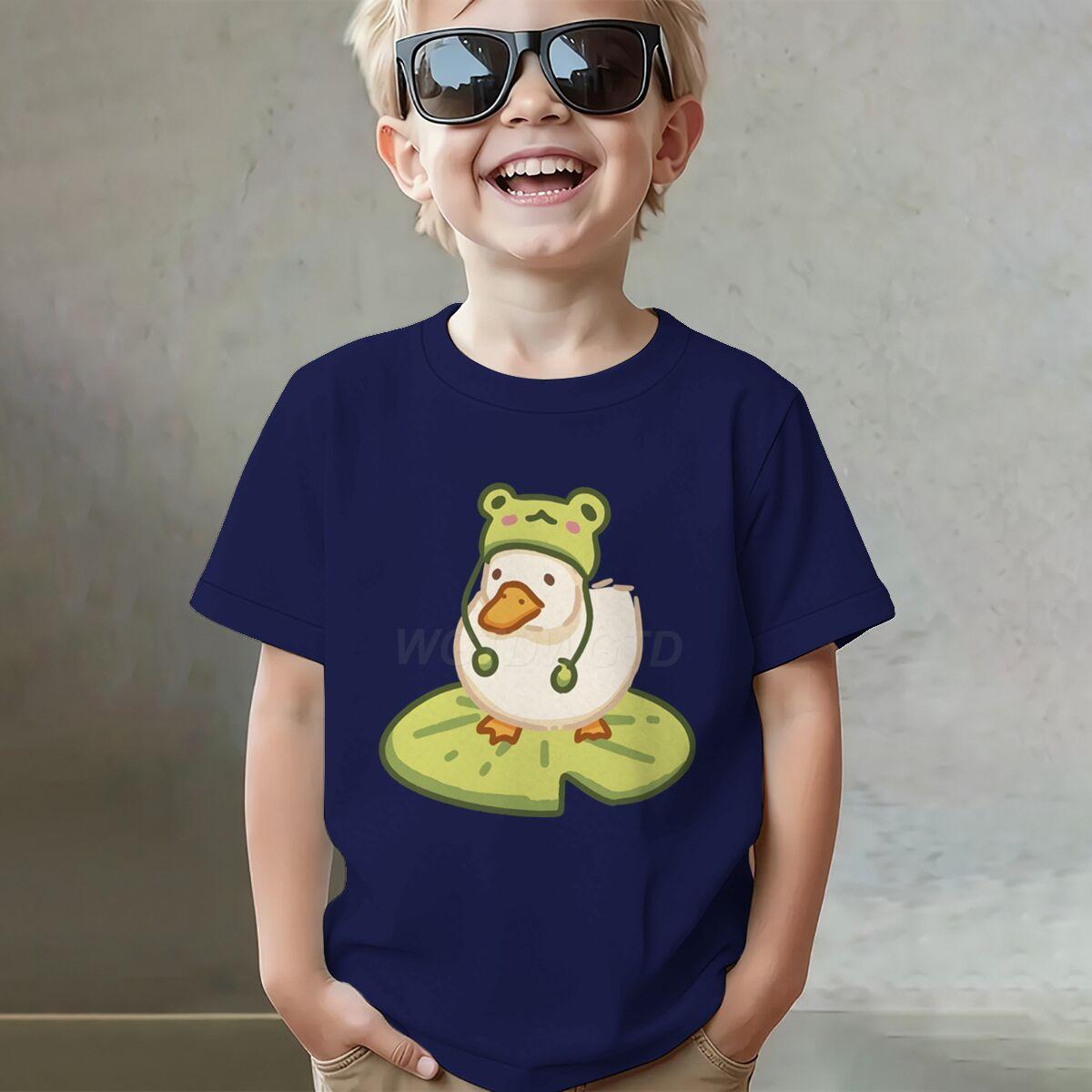 Duck in Frog Hat Cartoon Tshirts for Girl Boy Cute Duck Graphic Casual Tops Kawaii Animal Tee Cute Duck Design Toddler Wear 130