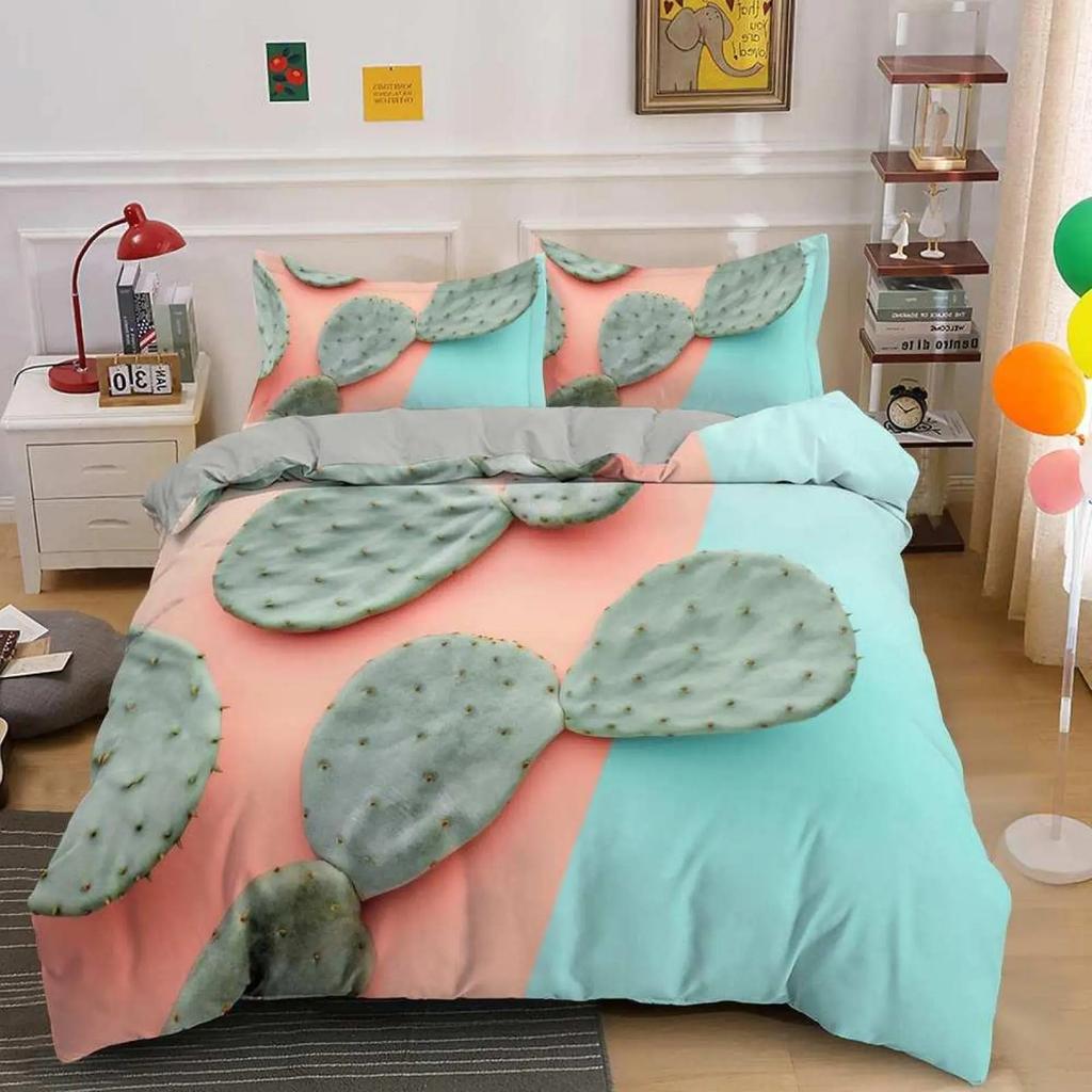 Cactus Duvet Cover Spring Garden Style Bouquet of Thorny Plants Blossoms Arrows Feathers Bedroom Decorative for Women Children
