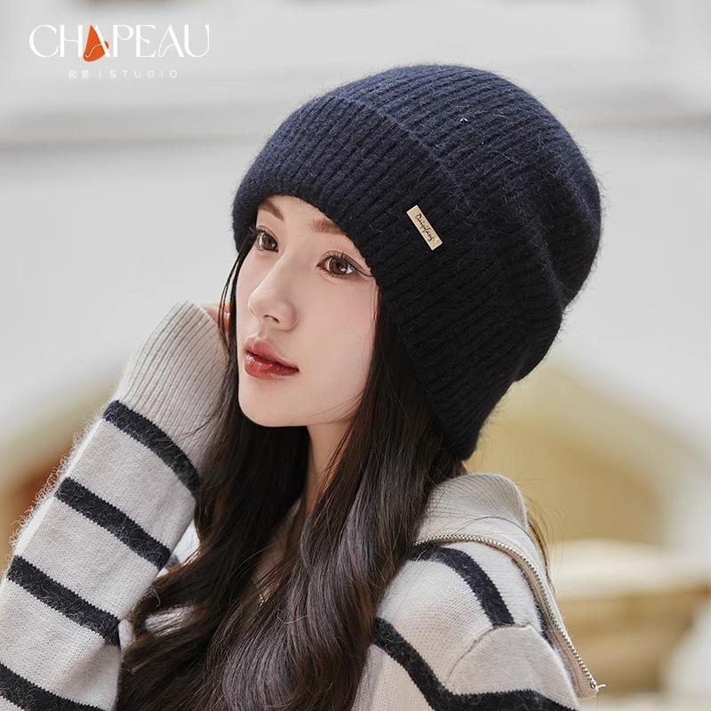 Autumn and winter rabbit fur knitted hat women's big head circumference warm hat versatile wool hat showing small face cold hat thin winter