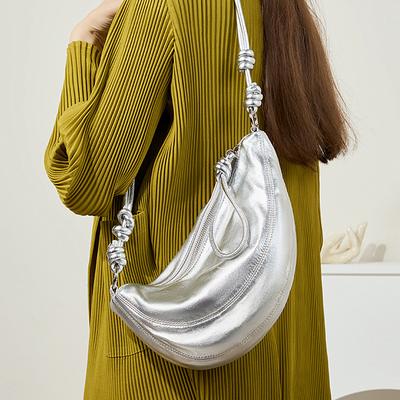 Echt Lederen Hobo Schouder Crossbody Tassen Voor Vrouwen Trend Designer Halve Maan Zilveren Dames Handtassen