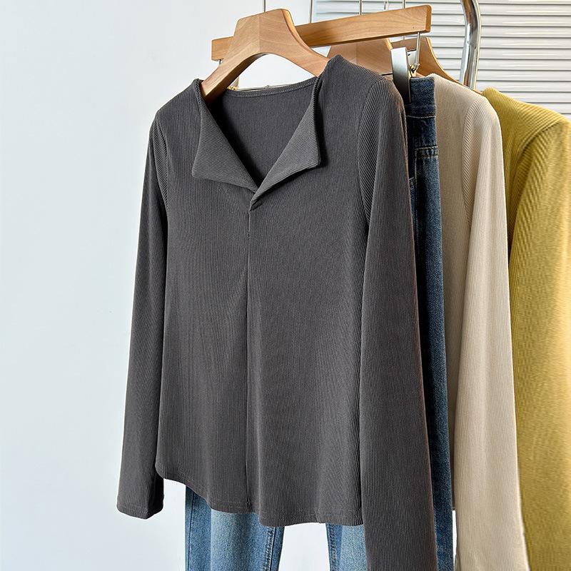 

V-neck Base Blouse for Women Can Wear Latest Early Spring Long-sleeved T-shirt with Slim Fit and Slim Top for Flesh Covering 4XL сірий