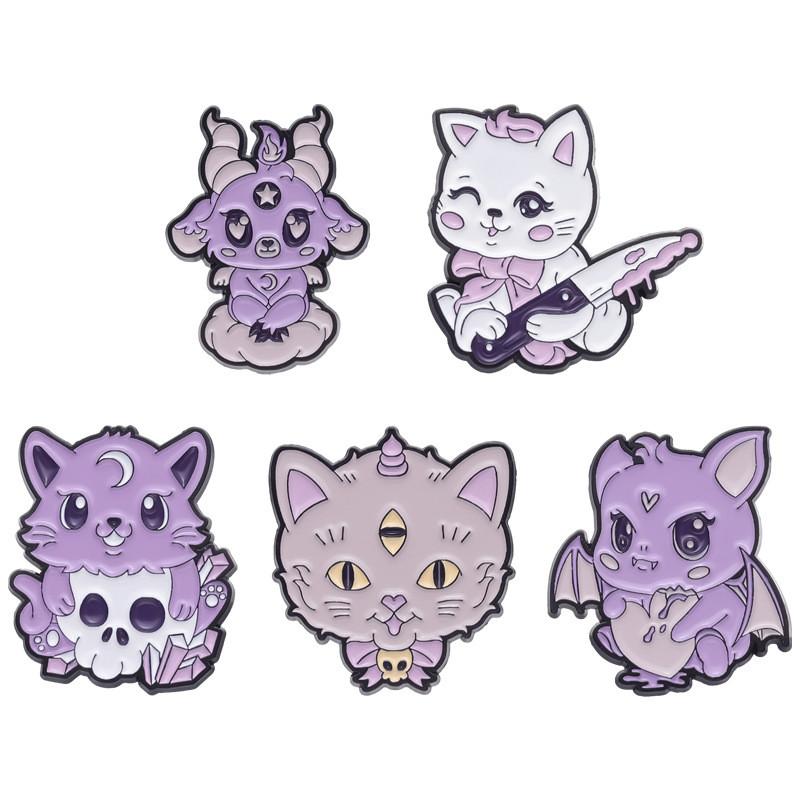 Adorable Creative Purple Cat And Bat Design Brooch Cute Animal Alloy Pin Accessory