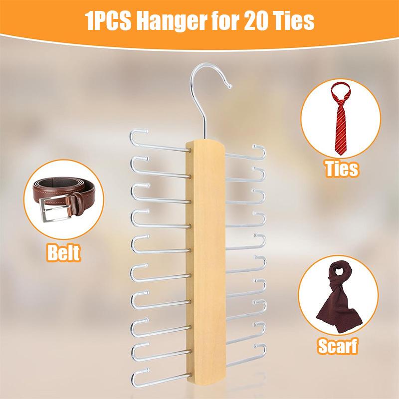 1 Pack Wooden Tie Rack, Men Space Saving Belt Hanger with 20 Hook for Closet, Non-Slip Rotatable Ties Organizer Racks for Scarf