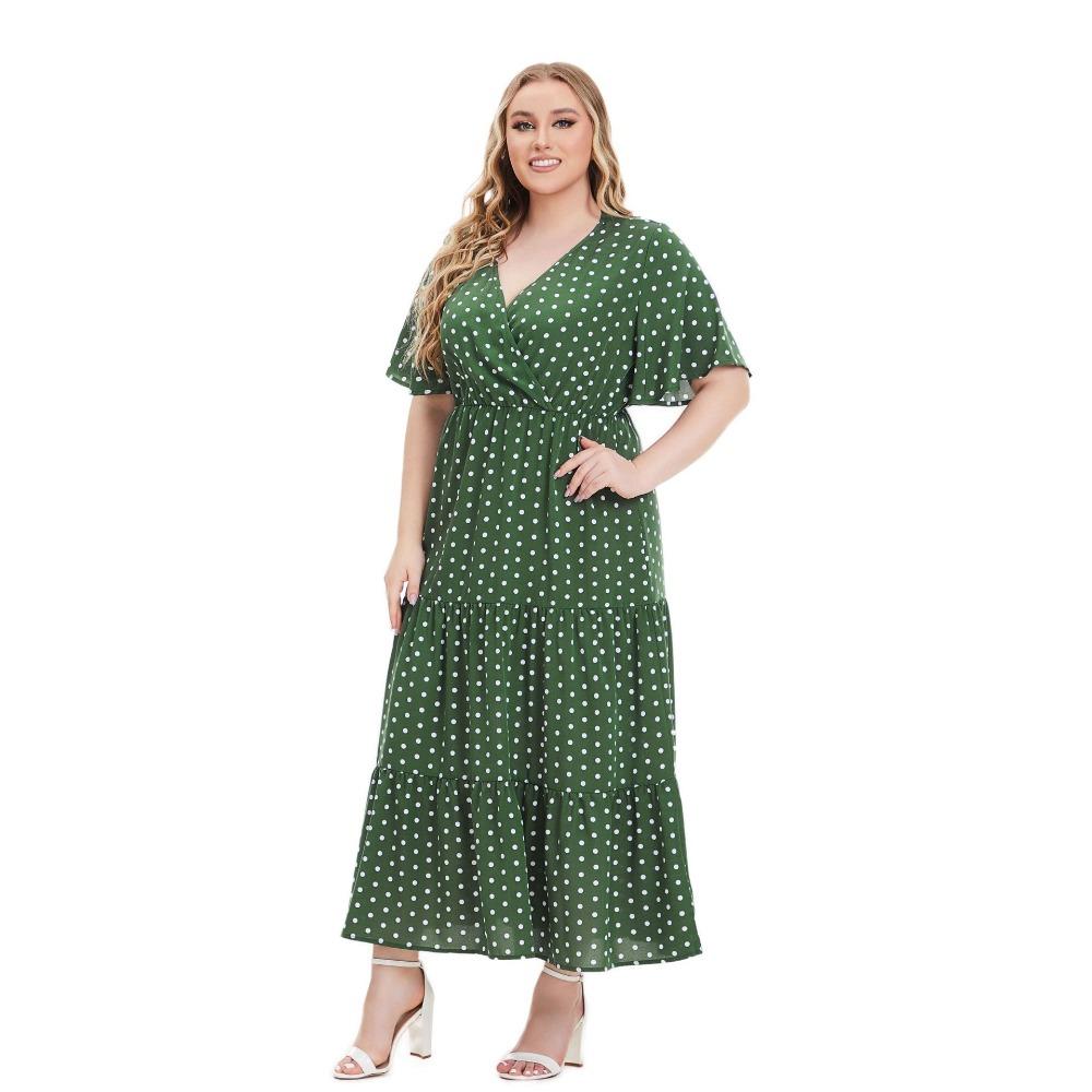 Sommerliches Polka Dot-Kleid in Übergröße mit V-Ausschnitt und kurzen Ärmeln im europäischen und amerikanischen Stil