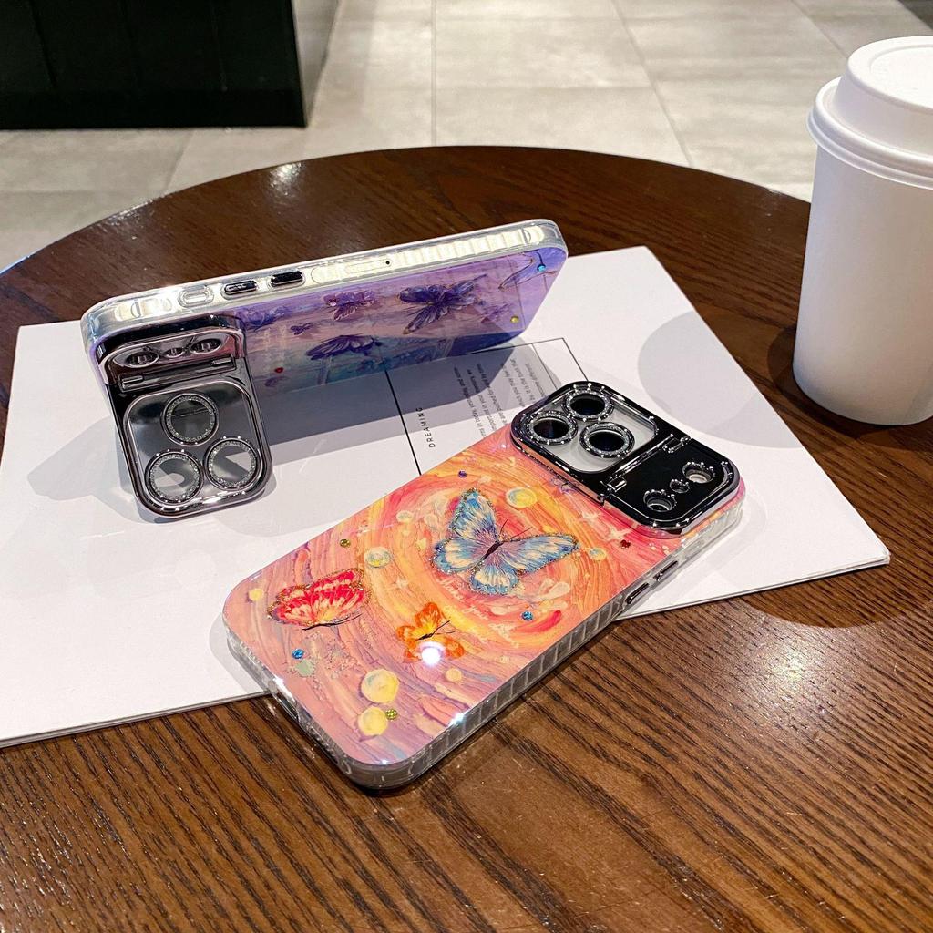 Schmetterling Ölmalerei iPhone 17 Pro Max Ständer Hülle - Vollständige Abdeckung für 16 Pro, 15, Design für Frauen