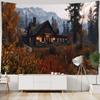 Forest Wooden House Tapestry Hanging Wall, Snow Mountain Landscape, Bohemian Tapestry, Hippie Living Room Wall Background Cloth