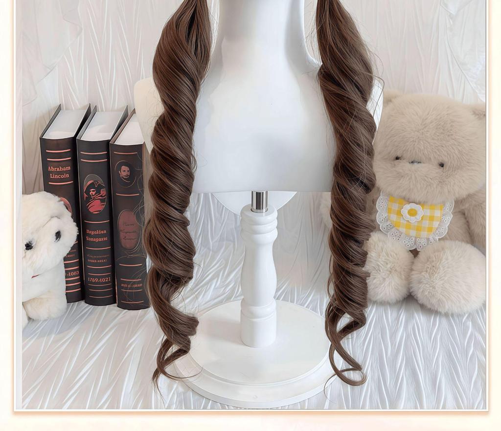 70cm Double Ponytail Lolita Wig with Sideburns - Long, Curly Daily Wig for Women
