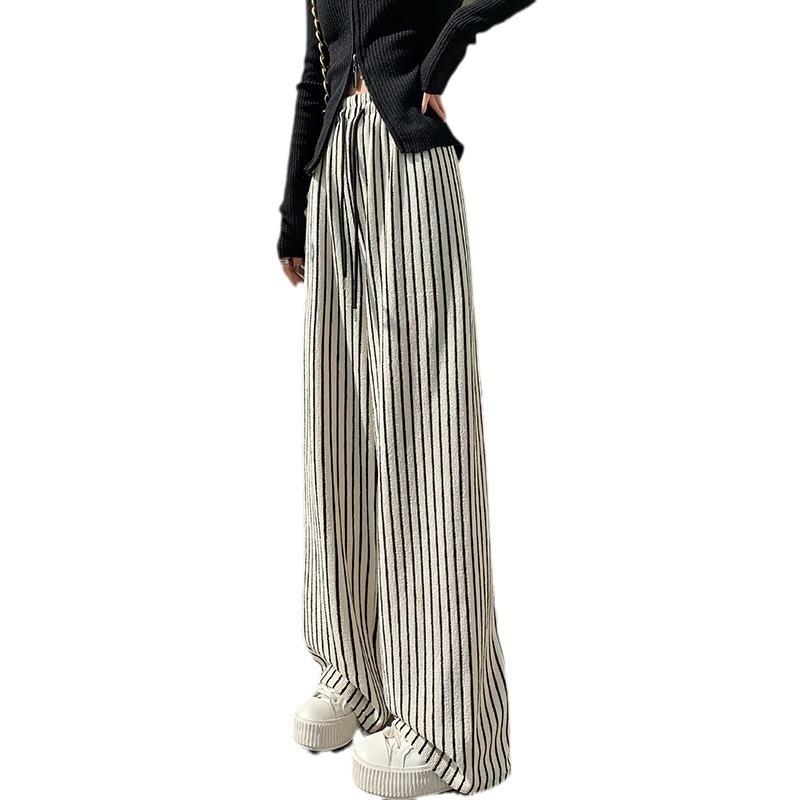 Texture soft waxy towel pants women's spring new black and white striped pants women's lazy wind loose and drape wide-leg pants