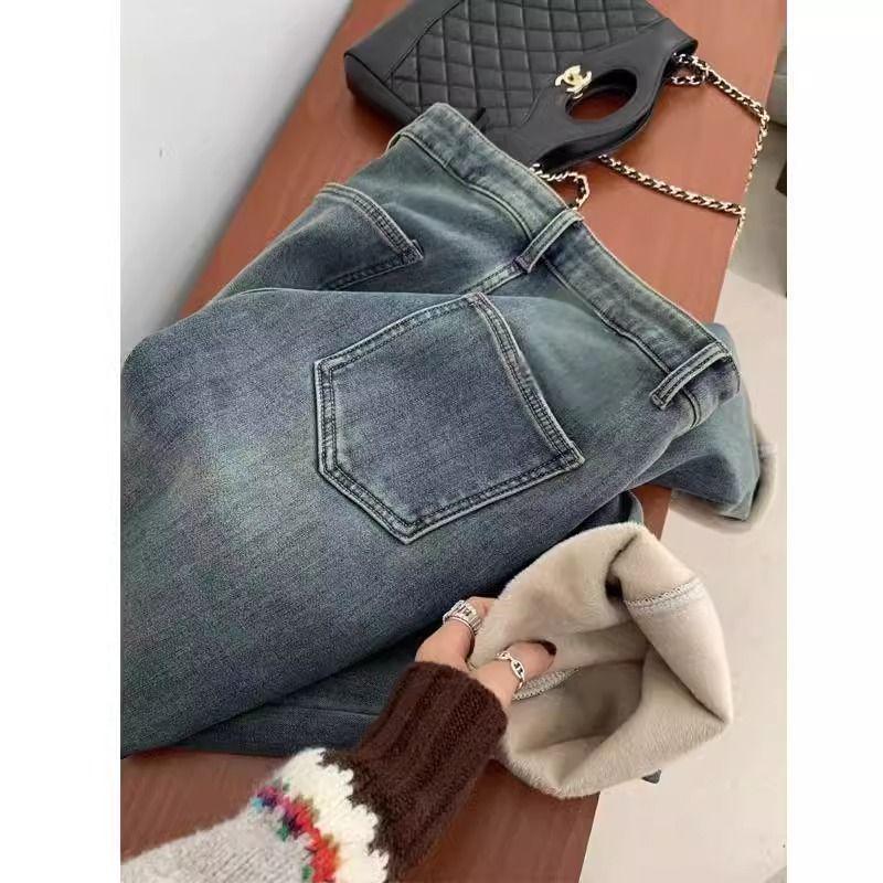 Women's Winter Fleece Lined Retro High Waist Plus Size Straight Leg Jeans