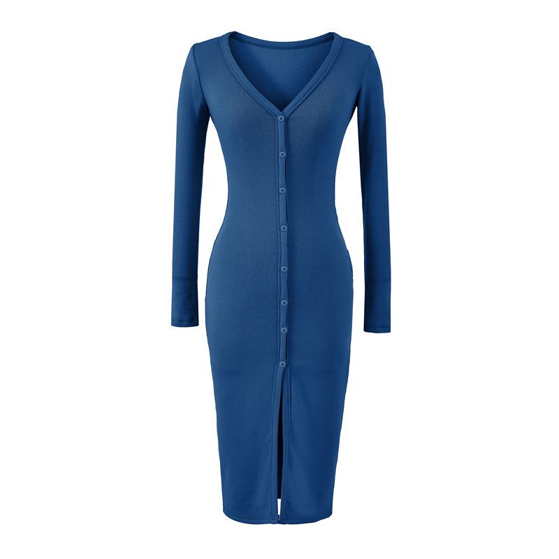 Women's Slim-Fit Brushed V-Neck Long-Sleeved Dress with Waist-Cinching, Mid-Length Skirt.