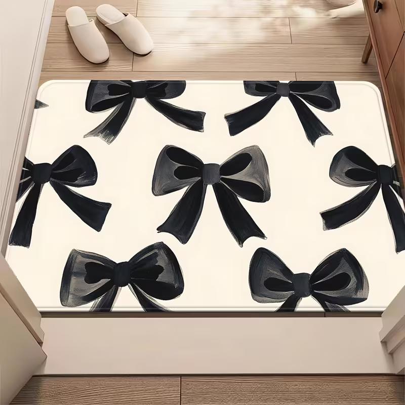 Tappetino zerbino con motivo a fiocco stile disegno a mano Tappeto morbido antiscivolo Decorazione per la casa moderna Tappeto con design a fiocco nero dolce e audace per soggiorno