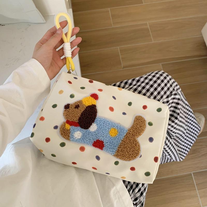 Cute Dog Embroidered Cosmetic Bag Women Canvas Makeup Bag Portable Zipper Toiletry Organizer Travel Storage Pouch