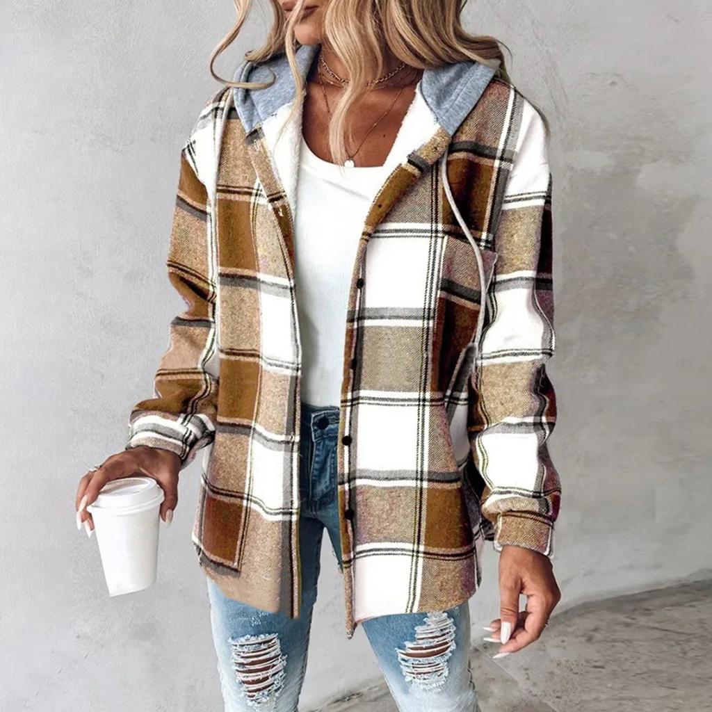 Women's Casual And Fashionable Large Plaid Pattern Patchwork Hooded Button Jacket