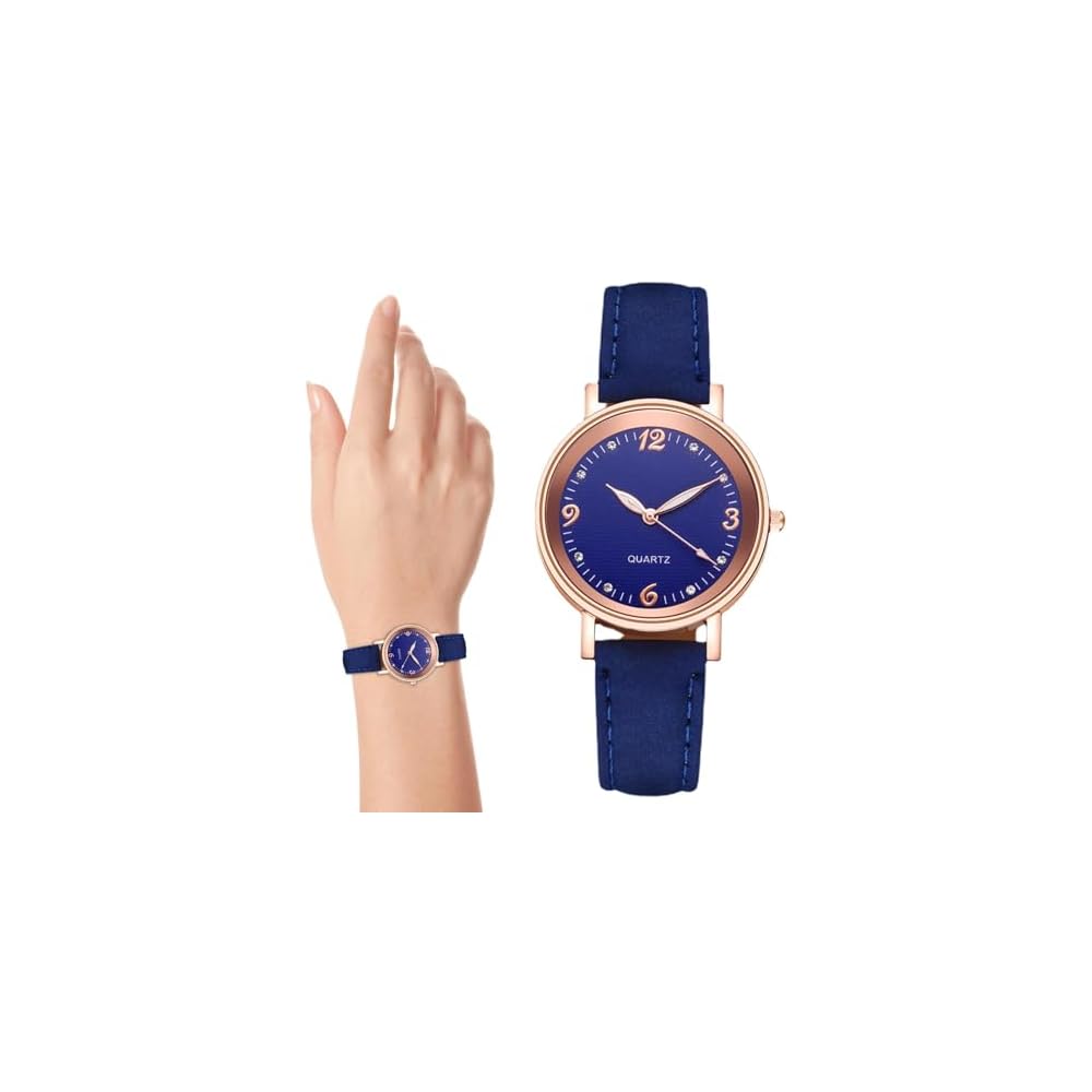 Women's Leather Watch Gold Round Dial Rhinestone Decoration Easy-to-Read Face Leather Strap