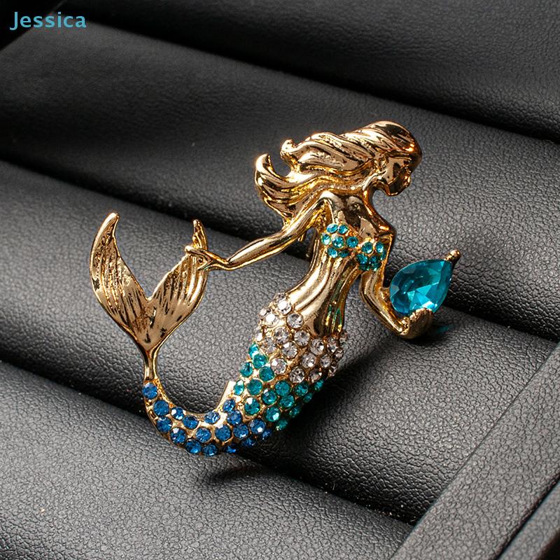 Strass Meerjungfrau Brosche - Vergoldeter Kristall Pin Für Damen Mode Schmuck