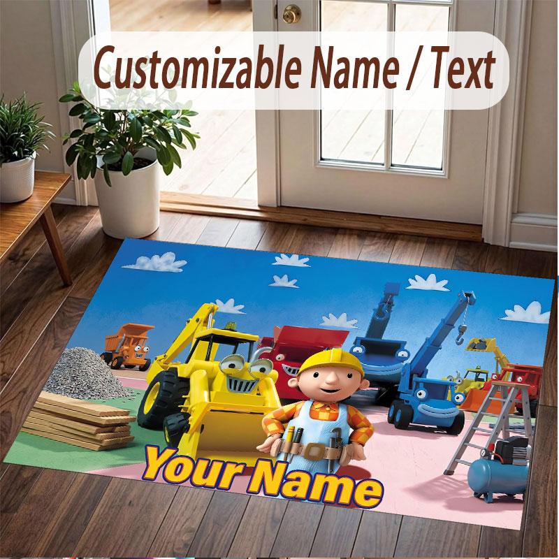 Custom Name Text Crystal Velvet Rug,Bob the Builder Soft Plush Decorative Non Slip Floor Carpet