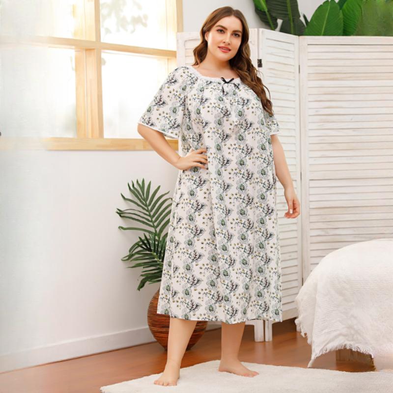 

Летняя ночная рубашка для полных женщин с короткими рукавами, кружевная строчка, стрейч-принт, домашняя пижама для женщин L