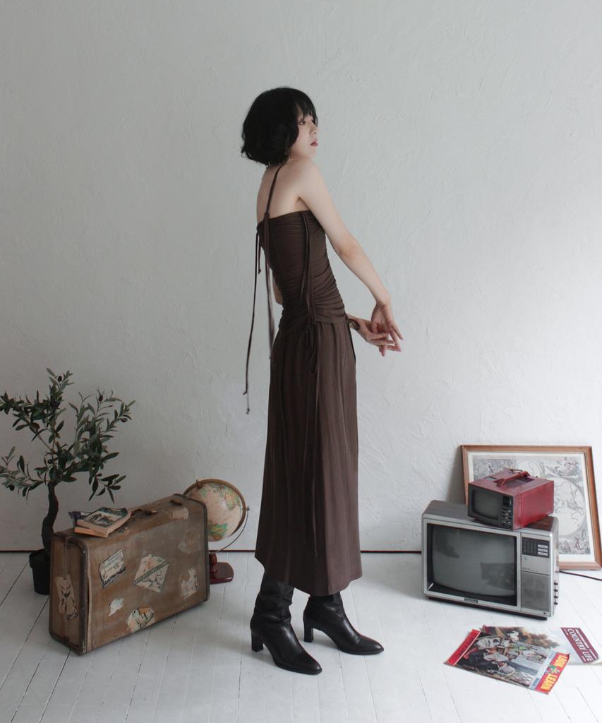 Rubati Shirred Strap Tube Top Dress_Brown