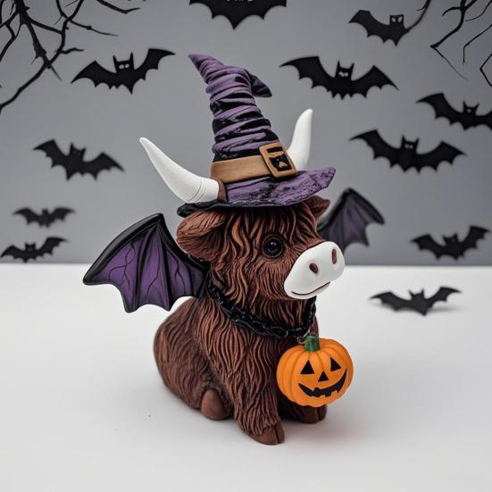 Highland Cow Resin Figurine Halloween Christmas Highland Cattle Cat Statue Animal Sculpture Holiday Party Decoration Ornament